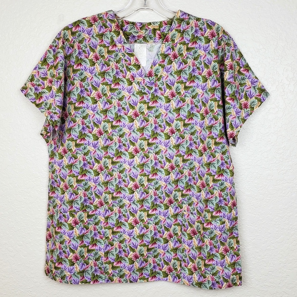 Cotton Club Scrub Top Multi-Color Leaf Pattern V-Neck 100% Cotton - Size Medium